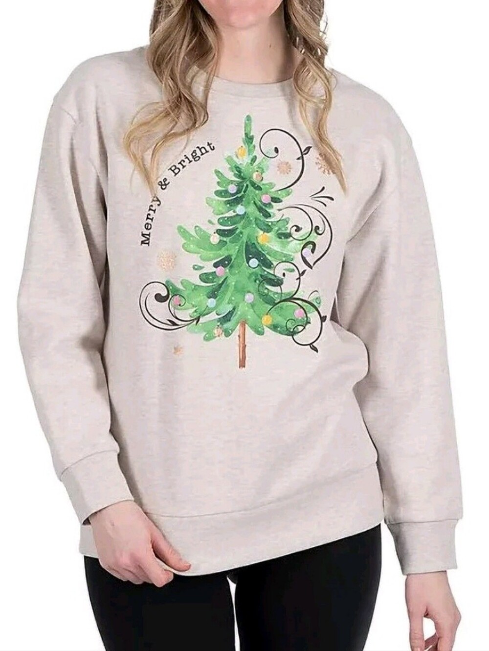 Merry & Bright Christmas Tree Holiday Gray Casual Sweatshirt Size XS